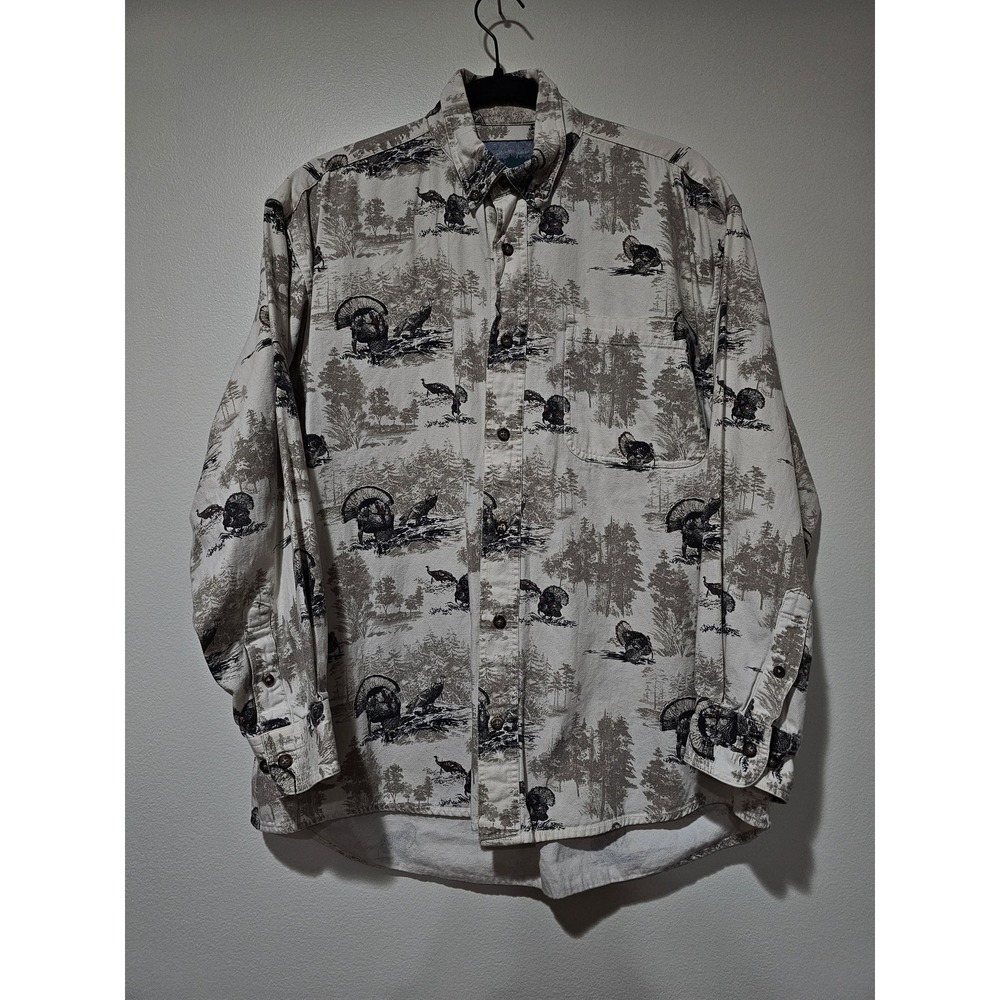 Randy River Shirt Mens Medium White Hunting Turkey Print Long Sleeve Button Up